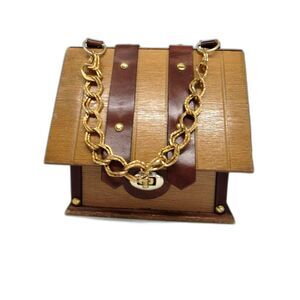 Vintage box purse wooden chest gold tone chain handle by Mister Ernest 6x6x4.5